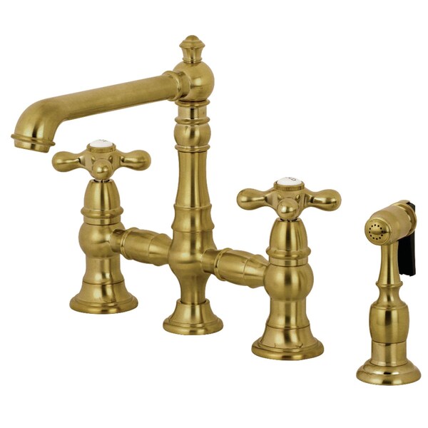 KS7277AXBS English Country 8" Bridge Kitchen Faucet W/ Sprayer, Brass